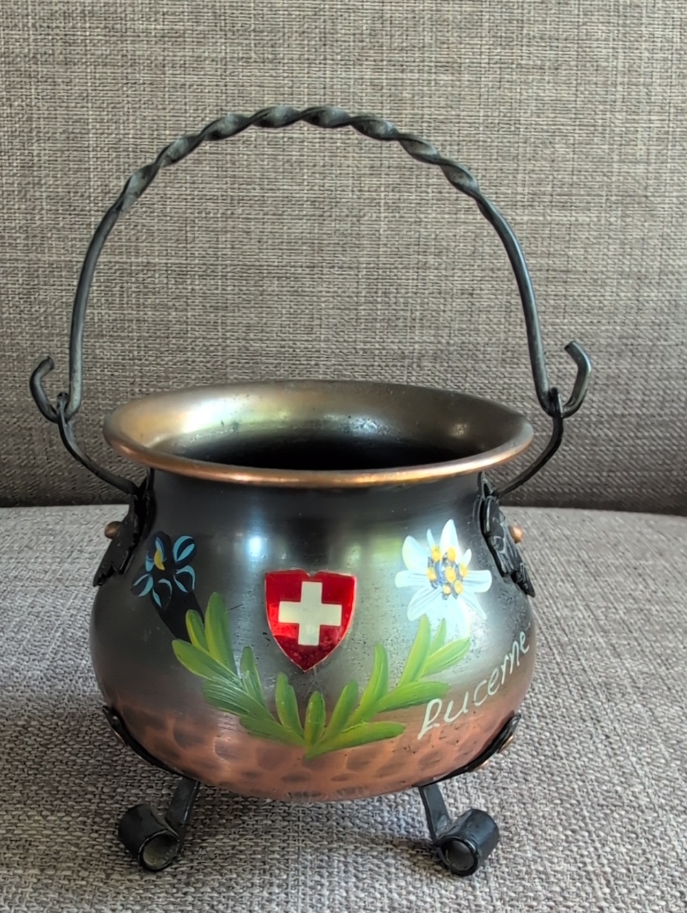 Swiss Hand-Painted Copper Cauldron with Floral Motif